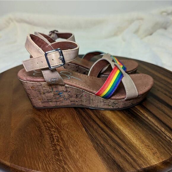 Jessica Simpson Kids Rainbow Strap Buckle Wedges Sandals Brown Size 4 - Picture 3 of 10
